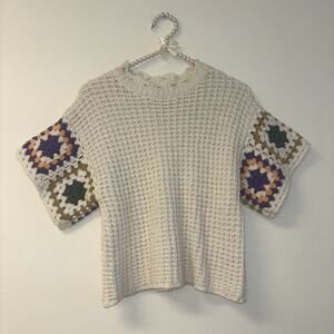 Crochet Multicolor Granny Square Sz Xs Sweater Flutter Short Sleeve Afghan Funky